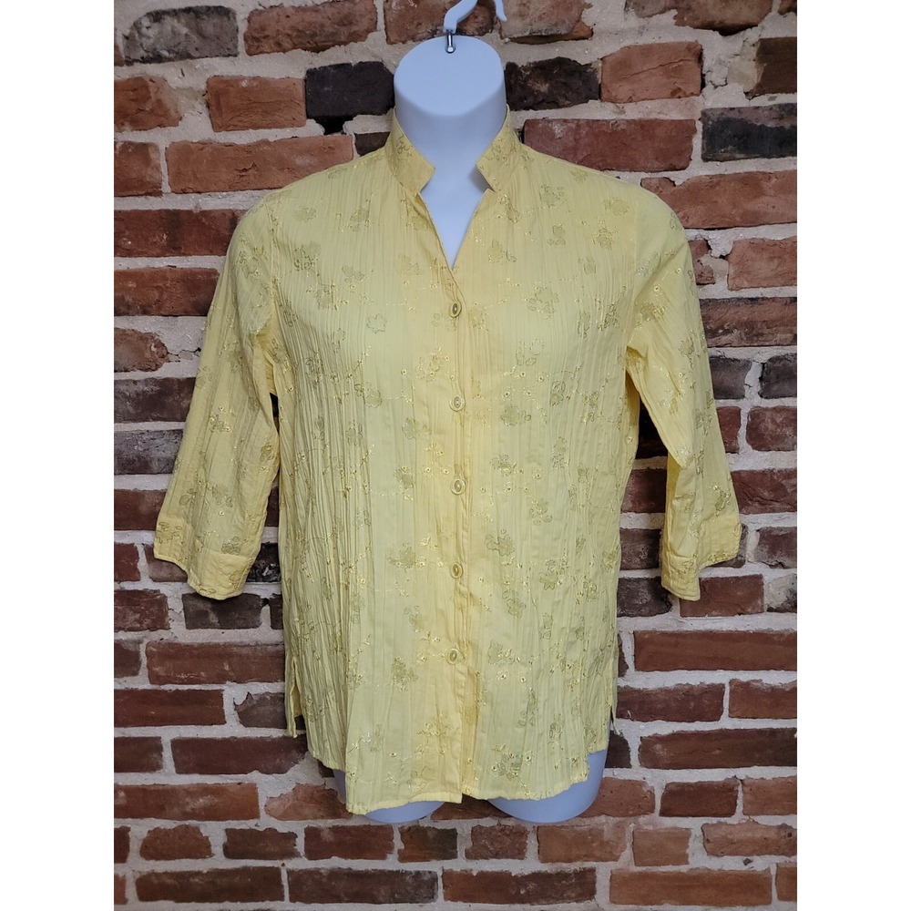Draper's & Damon's Blouse Top Women Medium Yellow Floral 3/4 Sleeve Button Front